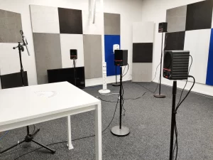 Creoir far-field audio lab with surround sound system and modular acoustic systems